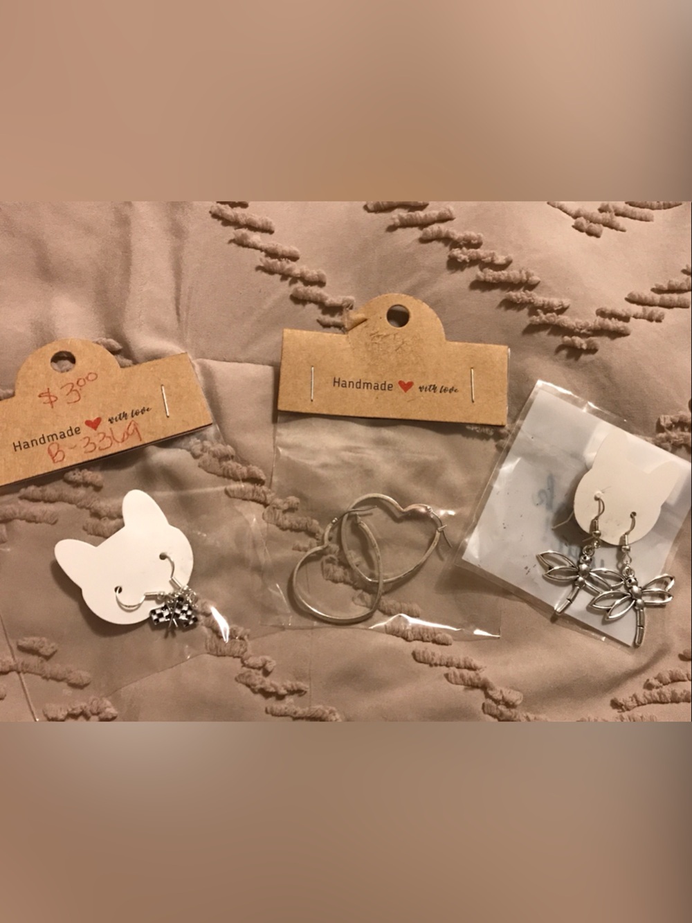 Silver Tone Heart, Dragonfly and Race Flag Dangle Earrings Set